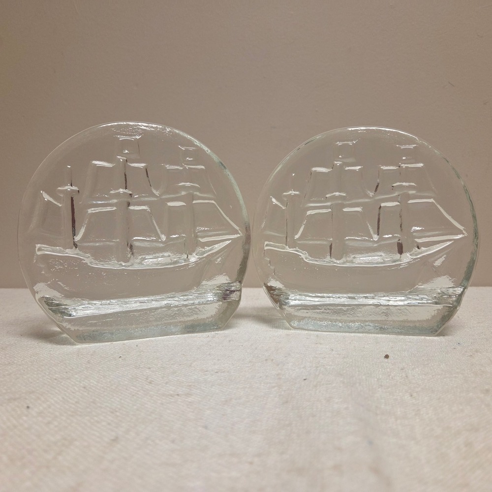 Pilgrim Heavy Clear Glass Nautical Sailing Ship Bookends Pair Coastal Decor
